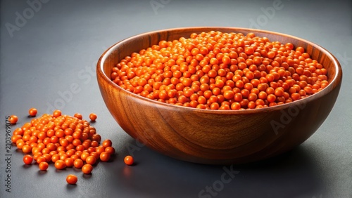 A wooden bowl brimming with small, round, vibrant orange objects, a scattering of similar objects lies near the bowl on a dark surface.