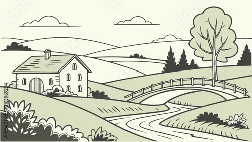 Canvastavla Rural countryside with house and bridge country life farm life pasture land