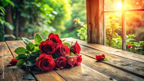 Romantic Red Roses on Rustic Wooden Table Near Sunlit Window