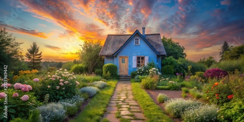 Serene Cottage Garden at Sunset, Pathway Leading to a Charming Blue House Amidst Vibrant Blossoms and Lush Greenery
