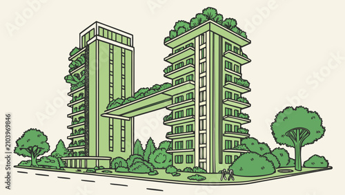 Tableau sur toile Modern eco-friendly high-rise buildings with green terraces and sky bridge