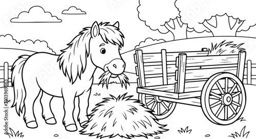 Fotografie Charming black and white illustration of a pony with a hay wagon in a rural land