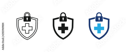 Medical privacy icon, data security shield symbol, health insurance protection padlock sign. Vector illustration