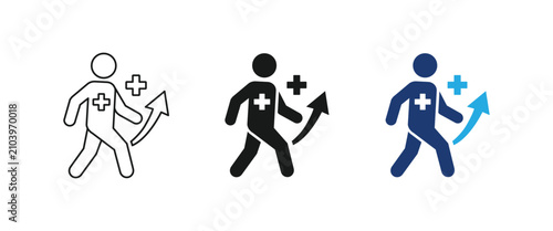 Rehabilitation icon, physical therapy recovery symbol, medical progress arrow sign, patient exercise graphic. Vector illustration