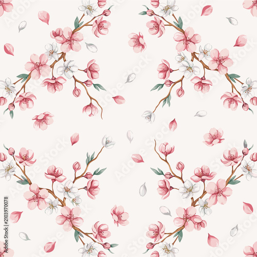 Tableau sur toile Delicate pink and white cherry blossoms adorn branches in a repeating seamless p