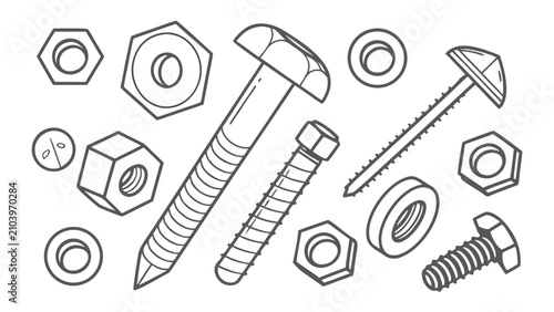 Konstfotografi Assorted hardware parts including screws bolts washers with line art, hardware