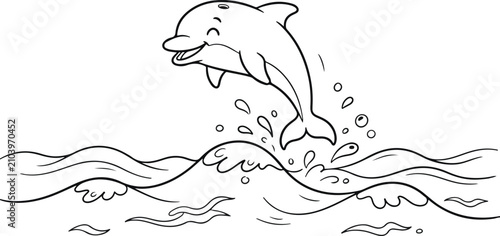 Fotografía Leaping dolphin line art black and white illustration for children's decor and o