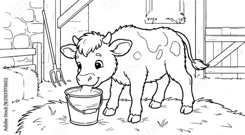 Fotografía Charming calf with bucket in barnyard black and white coloring page illustration