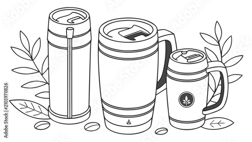 Tableau sur toile Three insulated stainless steel travel mugs with coffee beans and leaves