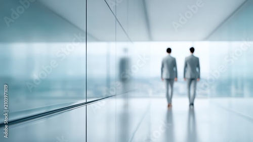 Businessmen Walking in Modern Glass Corporate Office Corridor