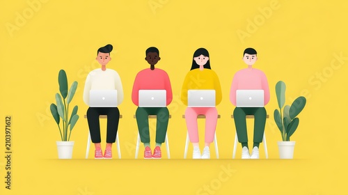 Diverse Professionals Working on Laptops in Minimalist Office