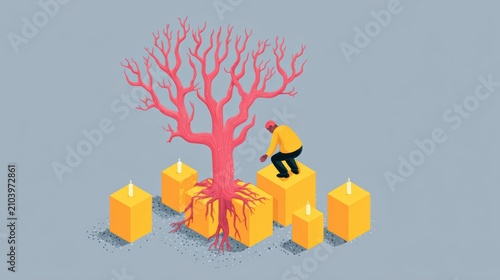 Isometric businessman nurturing glowing tree on yellow blocks