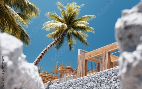 Tropical Villa Construction Concept Amidst Lush Palm Trees in Bright Sky