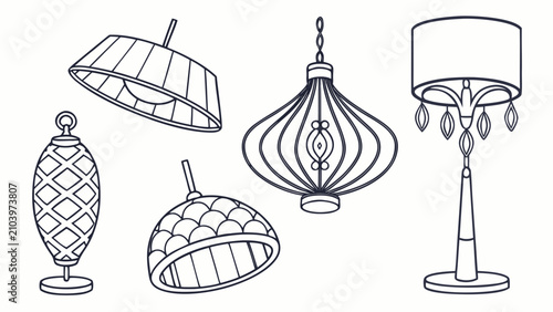 Quadro su tela Illustration of five different lampshades and lamp designs with floor lamp