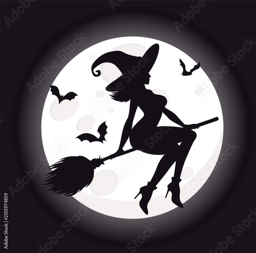 Canvastavla silhouette of witch flying on broomstick against backdrop full moon