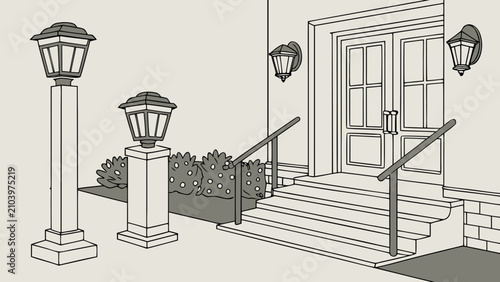 House exterior entrance with lamps and stairs illustration entrance exterior