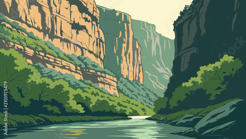 Fotografie Canyon river landscape illustration with steep cliffs and green foliage