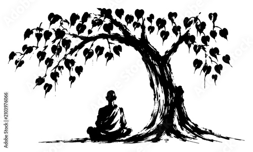 Obraz na płótnie Monk sitting in meditation under a sacred bodhi tree in zen brush style