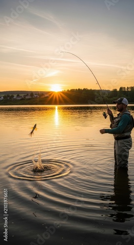 Angler fishing at sunrise on a calm lake.