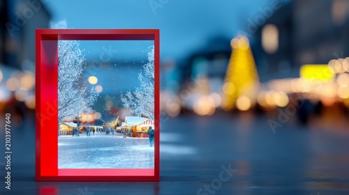 Red frame winter scene with snow-covered tree and blurred festive lights