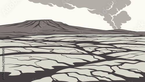 Quadro su tela Volcanic landscape with dried cracked earth and smoke landscape mountain