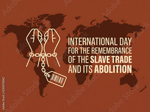 Powerful educational banner displaying text for International Day for the Remembrance of the Slave Trade on brown canvas.