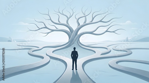 Winter path choice concept with lone person at crossroads beneath large branching tree landscape