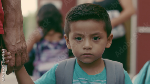 A young boy walks outside a building holding an adult's hand while looking serious. Other children are seen in the background playing or waiting. It is daytime, and people are nearby