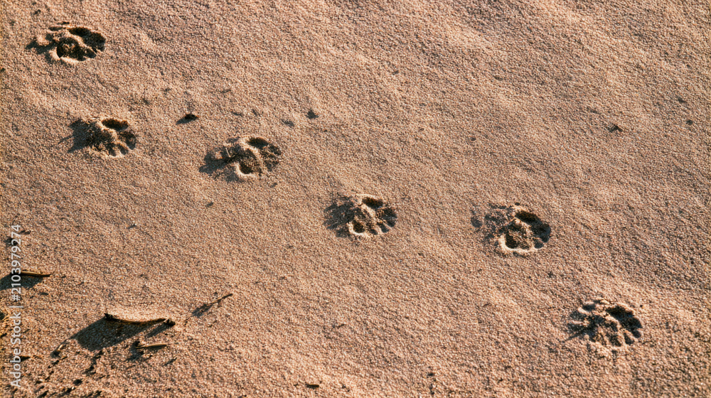 Obraz premium Animal footprints mark the sandy surface by the water. The tracks indicate movement across the beach at midday. The sand is dry and details of the prints are clear