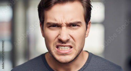 Angry young man showing teeth in frustration.