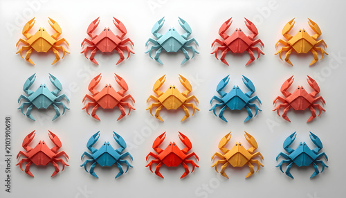Colorful origami paper crabs isolated on white background