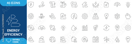 Energy efficiency icon set. Containing energy saving, sustainability, electricity, consumption, house, reduction, lightning and more. line Icon Collection. Vector illustration. Editable stroke