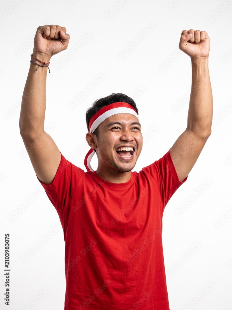 Naklejka premium A passionate young Indonesian man celebrating Independence Day, wearing a red and white headband and a red t shirt.