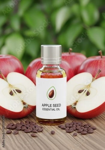 Apple seed essential oil bottle with fresh apples and seeds.