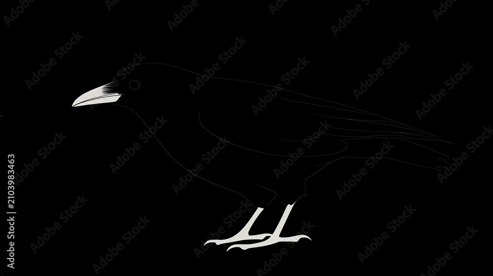 Obraz premium A monochrome illustration of a raven perched, showcasing its sleek feathers and sharp beak against a stark black background, detailed and striking.