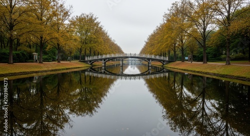 Autumn Bridge Reflection in Serene Park Pond.
