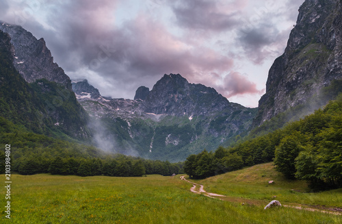 Scenic mountain valley in Gusinje, Montenegro with winding path