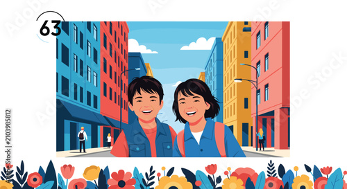 Two happy children smile while standing on a city street with colorful buildings and a decorative floral border at the bottom.