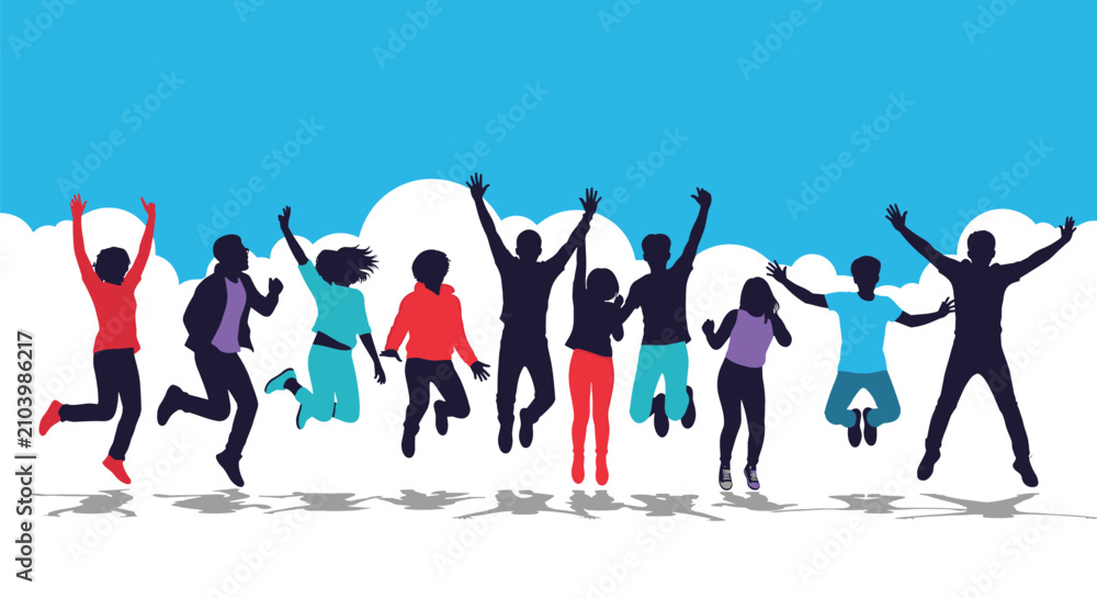 Obraz premium Group of diverse people silhouettes jumping high in the air with excitement against a bright blue sky and white fluffy clouds in summer.