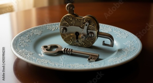 Antique brass padlock and key on decorative plate.