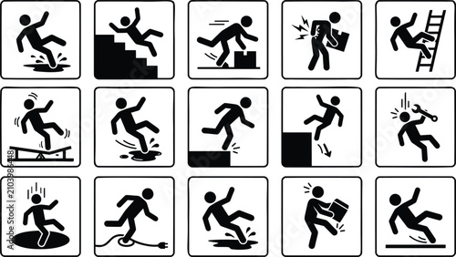 Quadro su tela Workplace safety icons set, 15 occupational hazard pictograms, industrial accide