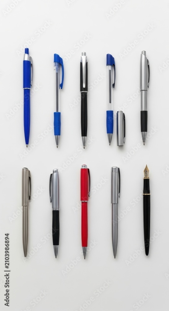 Fototapeta premium Assorted pens and pencils arranged on white background.