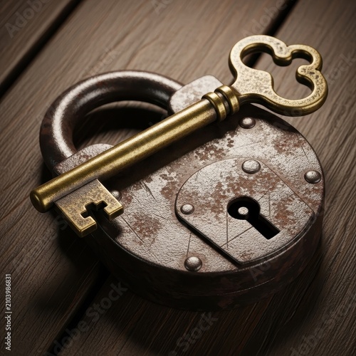 Antique Brass Padlock with Ornate Key on Wooden Surface.
