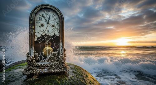 Antique Clock on Cliff Edge at Sunset Over Ocean.