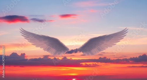 Angel wings silhouetted against vibrant sunset sky.