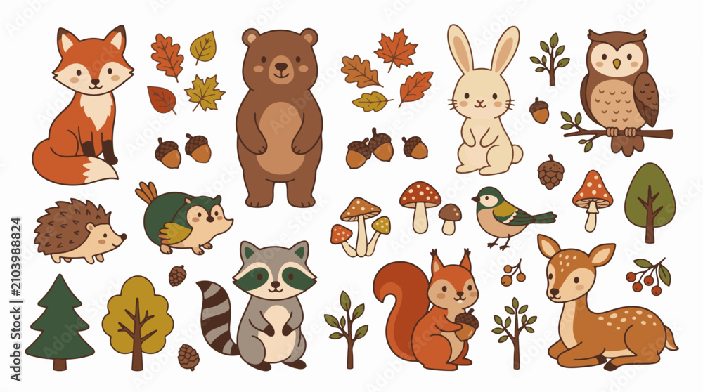 Obraz premium Forest Animals and Autumn Elements Collection - Cute Woodland Wildlife Set