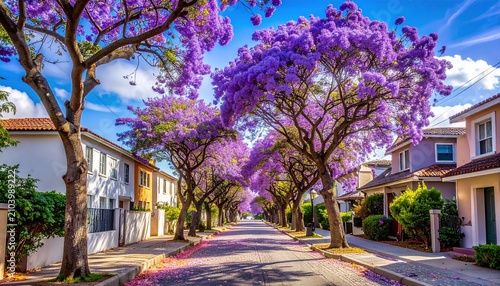 A quiet residential street lined with jacaranda trees in full purple bloom, symbolizing serenity, renewal, and the poetic beauty of nature within city life.