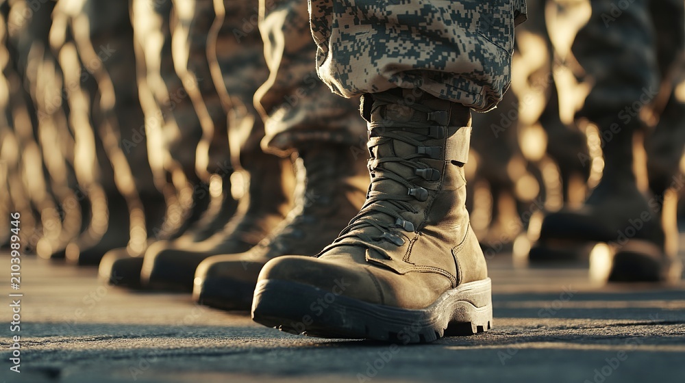 Obraz premium A focused view of military boots lined up in formation, symbolizing strength, discipline, and unwavering dedication to national service.