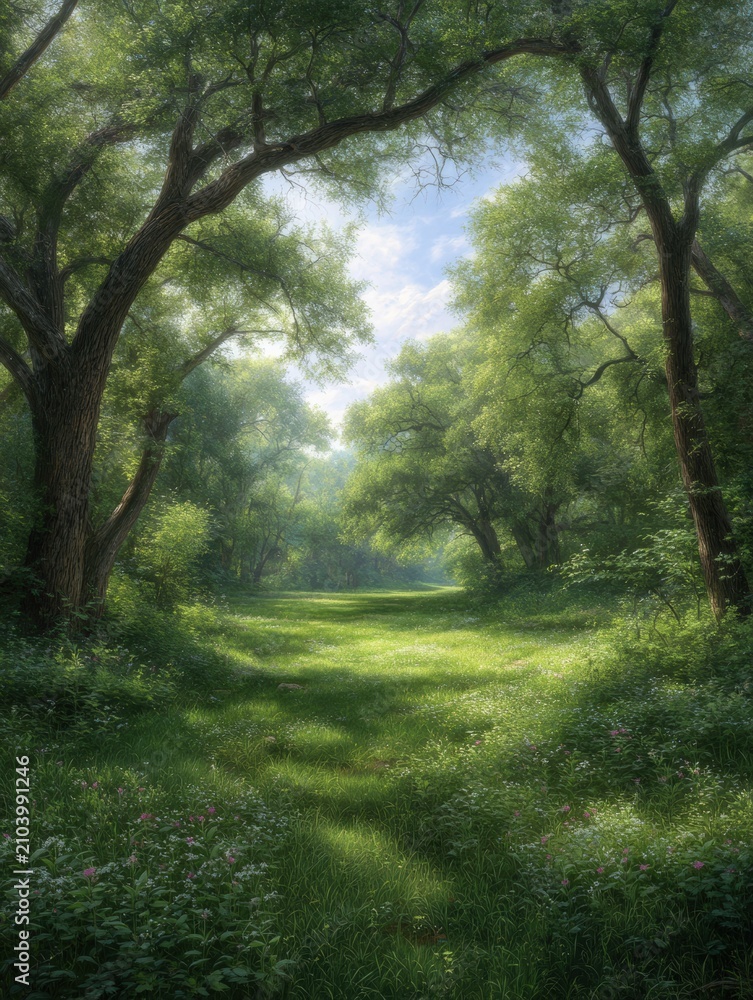 Obraz premium Lush green pathway surrounded by tall trees and vibrant foliage, sunlight filters through branches creating a serene atmosphere perfect for nature lovers and tranquility seekers