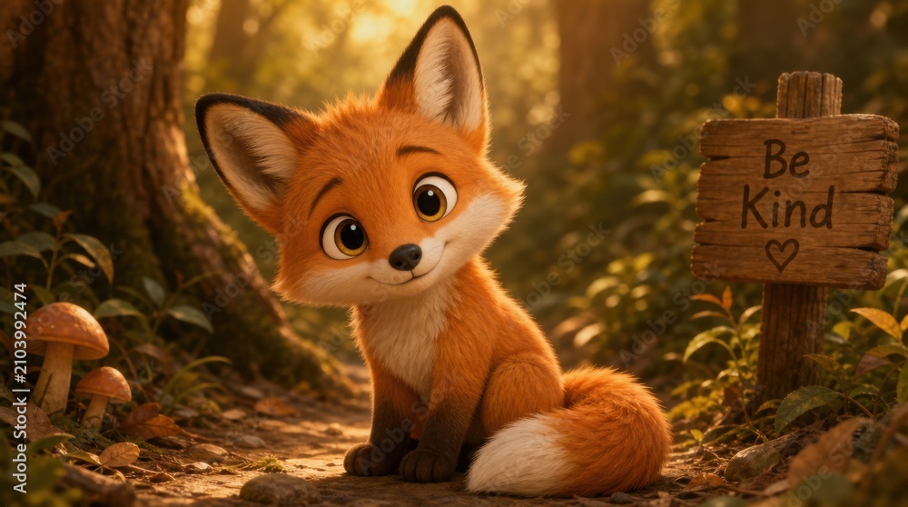 Obraz premium A cute animated fox sits on a forest path beside a wooden sign that says 